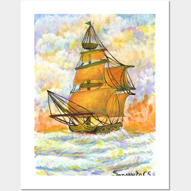 ship sailing in the sense colorful warm colors seascape acrylic painting Wall Art by Sangeetacs